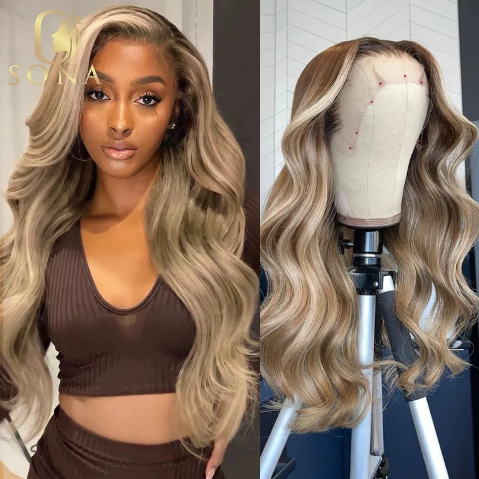 13x6 Transparent Lace Frontal Wig Body Wave Ombre Brown 60# Ash Blonde Highlight 13X4 Lace Front Human Hair Wig 180Density 613#