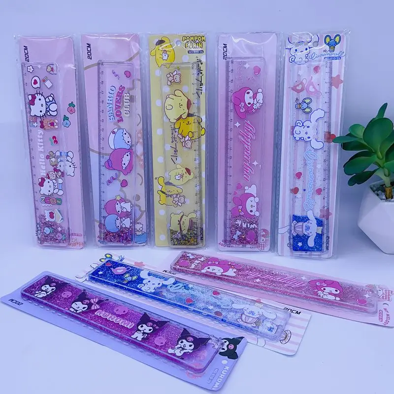 Sanrio 12pcs Stationery Ruler Kawaii Kuromi Creative Cartoon Modeling Quicksand Ruler Cute High-Value Students 20cm Stationery