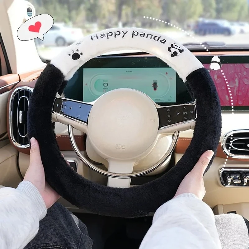 Universal Winter Plush Car Steering Wheel Cover Cute Cartoon Panda Design Ladies Heating Handle Cover for Various Models