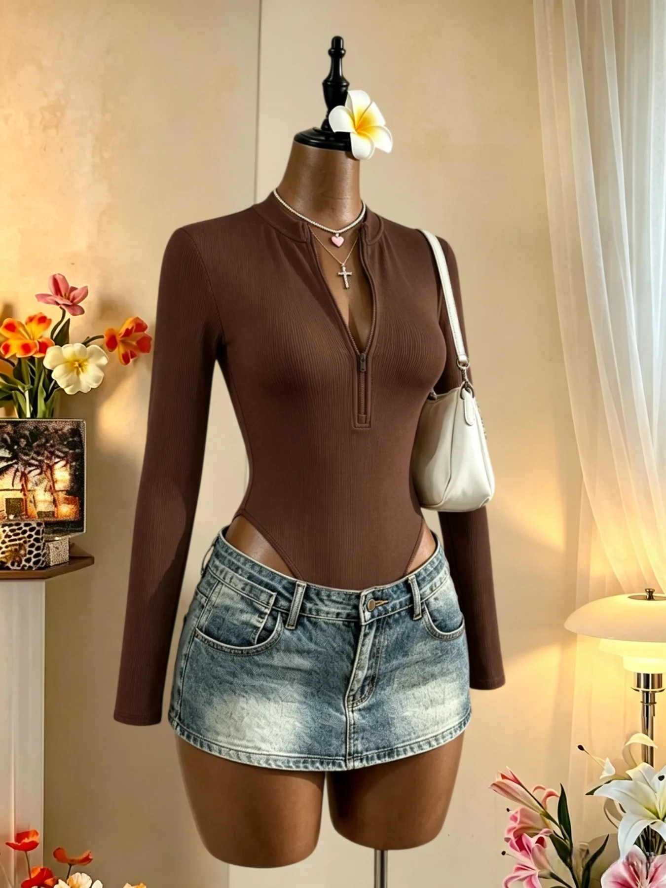 Damen-Body mit halbem Reißverschluss, Stehkragen, geripptem Strickmuster, langen Ärmeln, figurbetontem Schnitt, hoher Dehnbarkeit, einfarbig, lässig, für den Alltag und zum Ausgehen, eng anliegendes Jumpsuit-Oberteil. – Detail 3