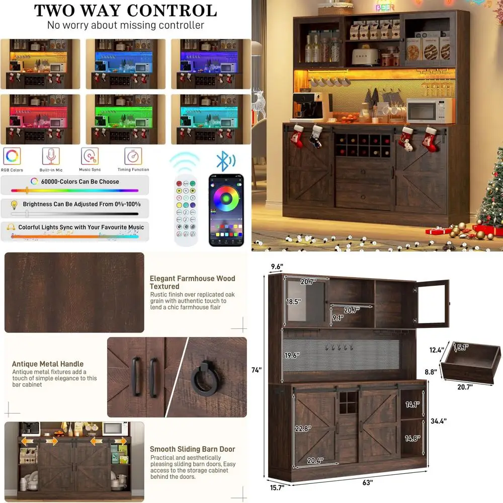 

Large 74 High Coffee Bar Cabinet with Outlet, LED Lighting, Pegboard, Barn Door Hutch, 2 Drawers, Adjustable Shelves, Wine Rack,