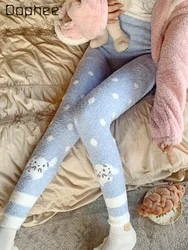 Soft Fluffy Warm High Waist Sleep Pants Coral Fleece Blue Polka Dot Pajama Pants Women Autumn and Winter Leggings Sleepwear