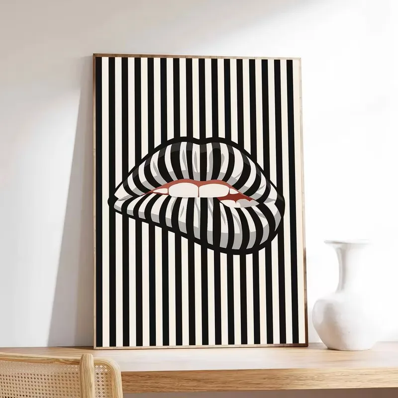 Simple and Abstract Striped Lip-shaped Canvas Poster Art Wall, Modern Living Room and Bedroom Interior Home Decoration