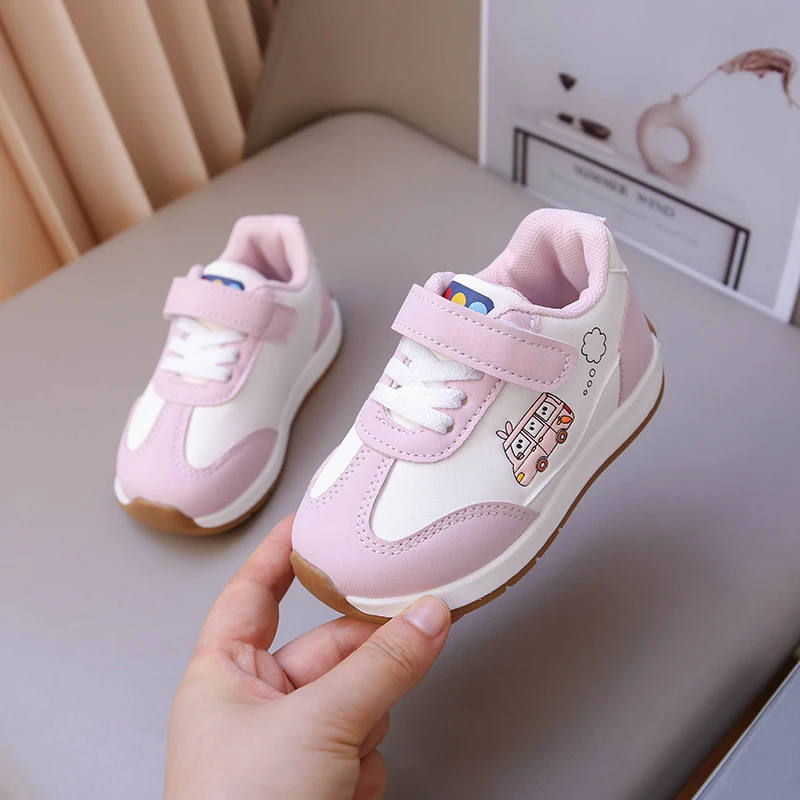 Toddler Cartoon Bus Sneakers, Boys Girls Lightweight Casual Walking Shoes, Adjustable Strap Infant First Walkers Shoes