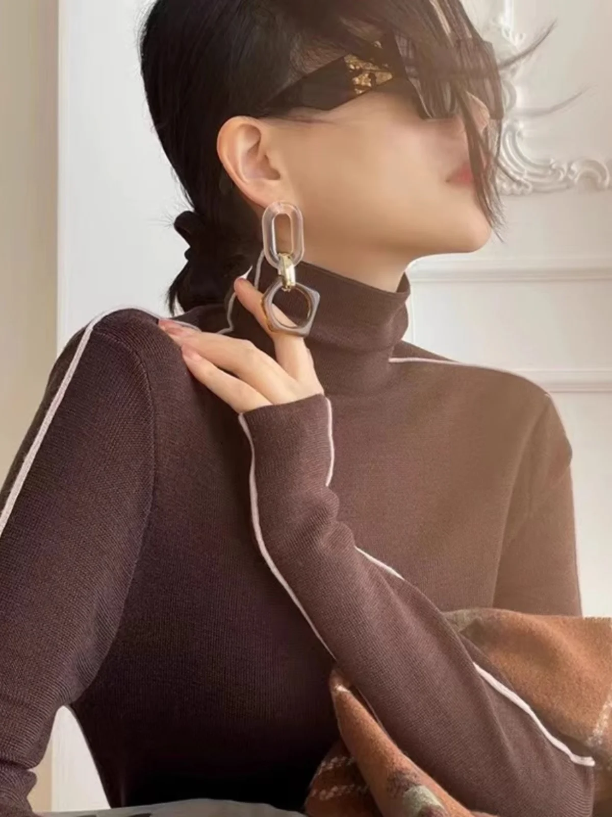 Suéter de Cachemira Estilo Coreano, Cuello Alto, Manga Larga, Ropa Interior para Mujer, Top Moderno para Otoño e Invierno
