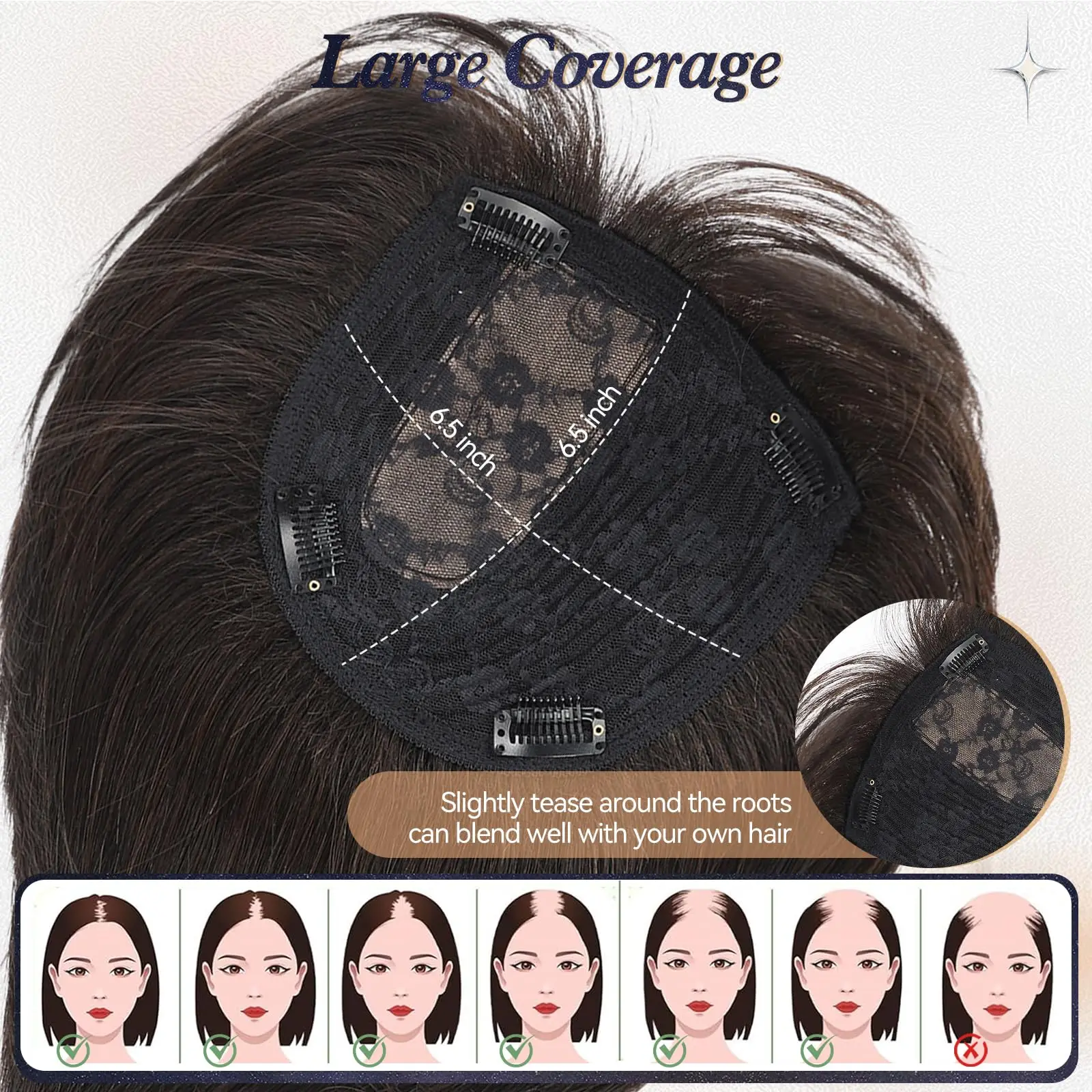 Natural Black Remy Human Hair Toppers Silk Base Hairpieces 4 Clips in Hair with Bangs 10 Inches Hair Topper Extensions for Women