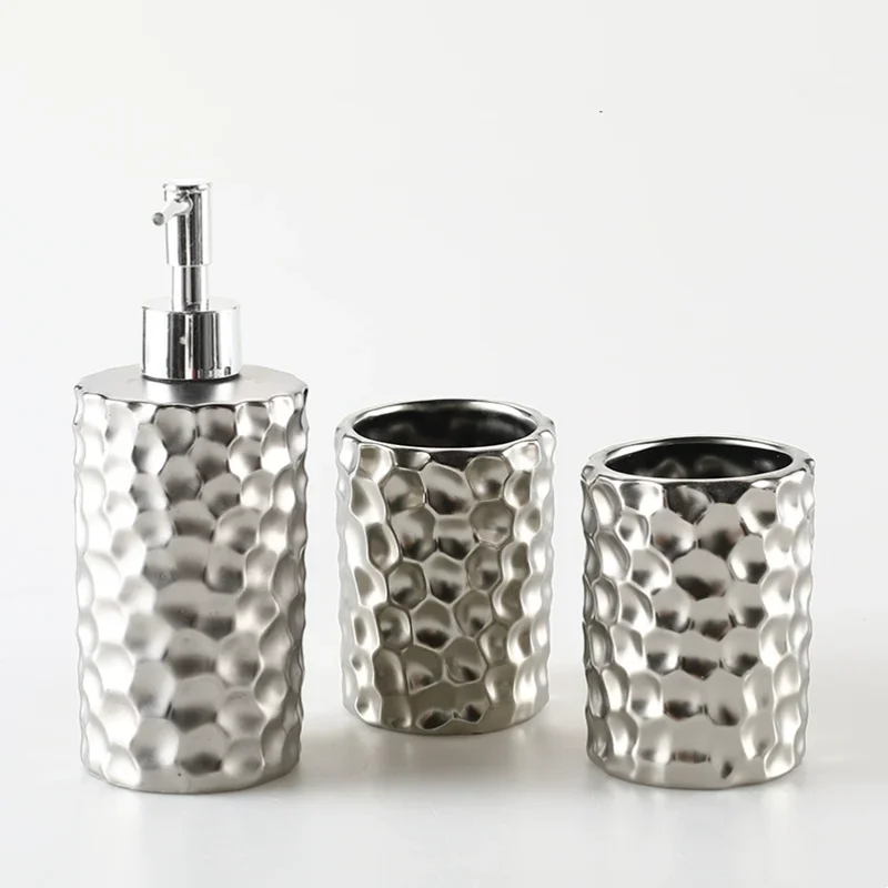 Bathroom Electroplating Silver Plated Embossed Ceramic Toothbrush Holder Soap Dispenser Shampoo Bottle Bathroom Supplies