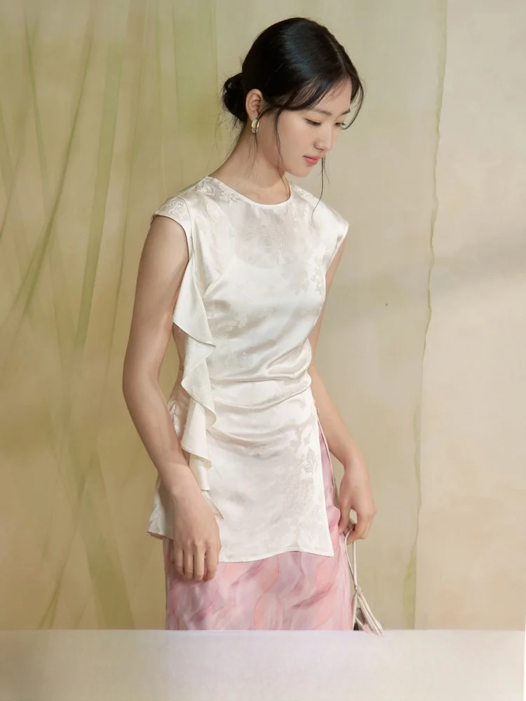 

New Chinese Sle Women's Slim Fit Silk Embroidery ort Sve Top without Sves round Ne Summer New Arrival Yuzai Origi...