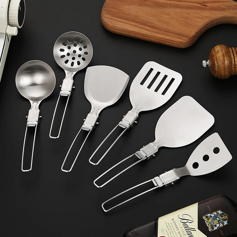 4PCS Outdoor Folding Kitchenware Set Camping Travel Portable 304 Stainless Steel Stir Frying Pot Shovel Soup Spoon