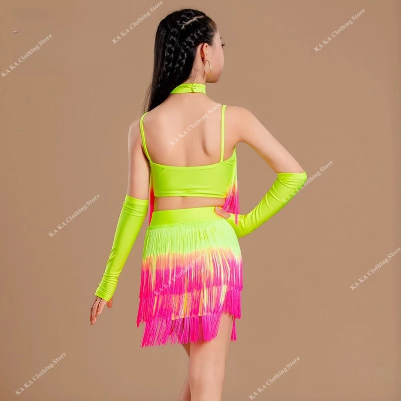 Profissional vestido de dança latina meninas franja tango salsa samba traje de dança de salão crianças desempenho roupas palco traje