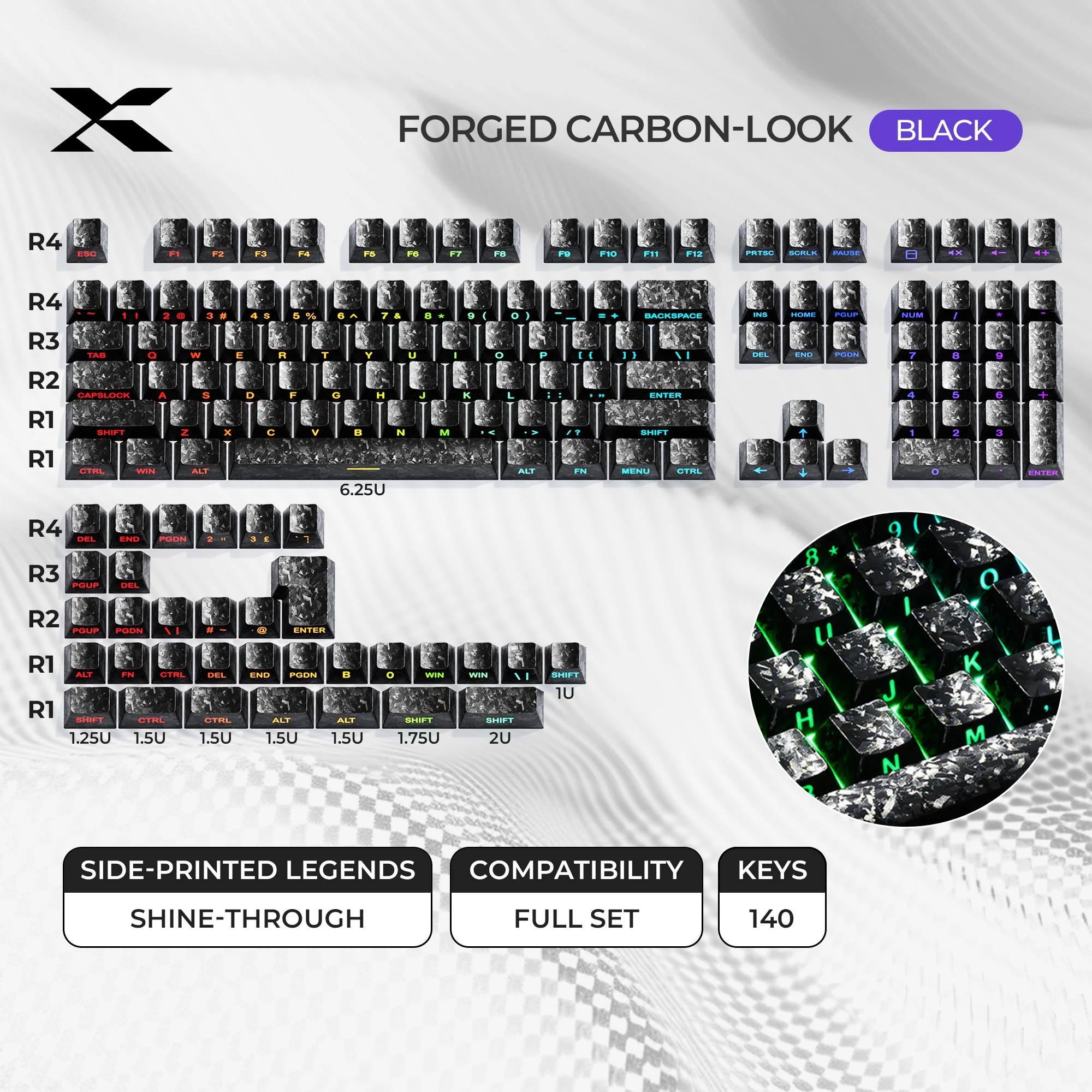 Juego de teclas XVX Black Forged Carbon-Look Cherry Profile con impresión lateral y brillo transparente para PC, 140 teclas