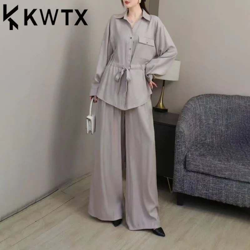 

KWTX женский комплект из 2 предметов, весенне-летняя куртка с лацканами, широкие брюки с карманом на шнурке, повседневный элегантный минималистичный высокое качество