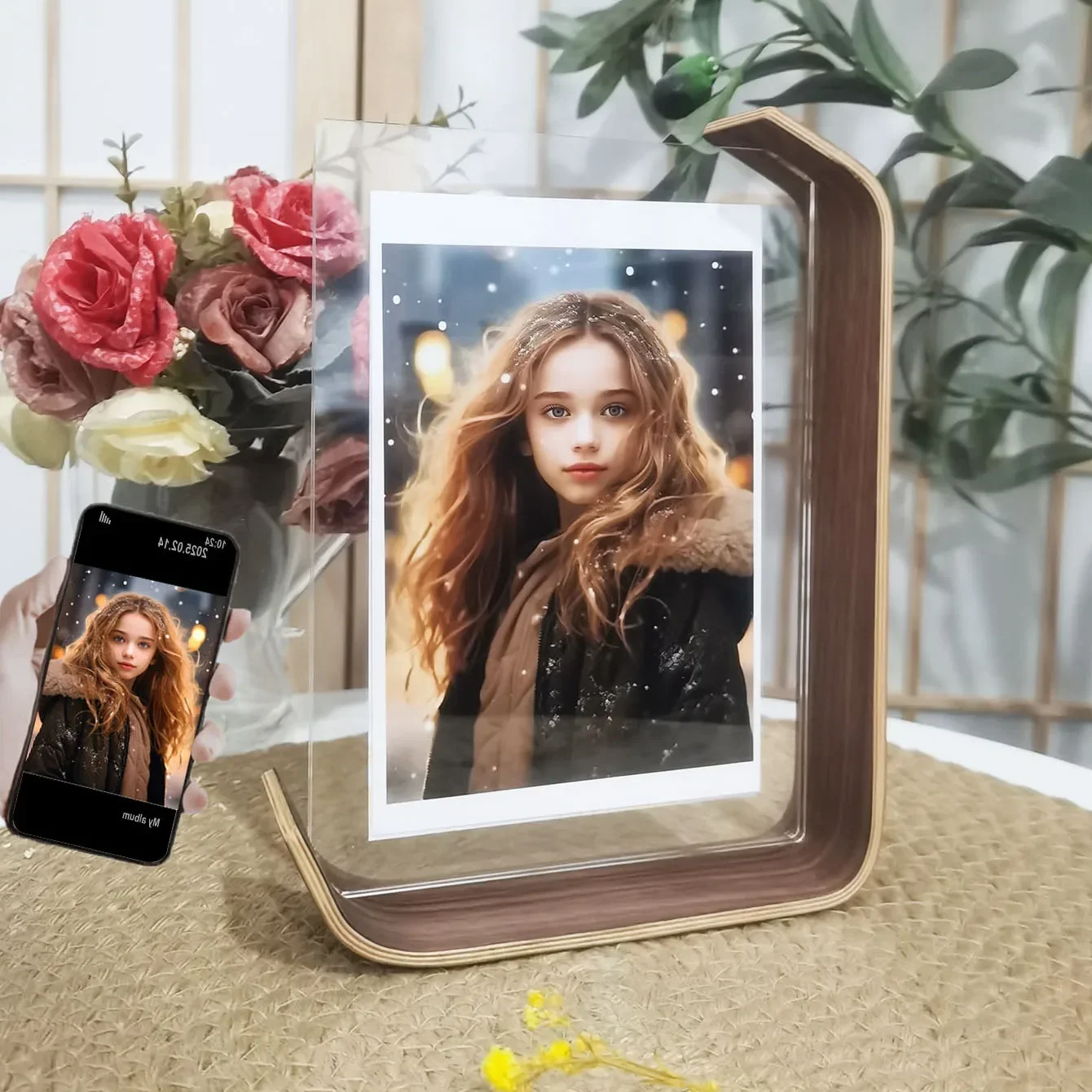 Marco de fotos de madera de doble cara personalizado: transparente, 2 fotos, marcos de fotos compactos para decoración de escritorio, idea de regalo perfecta