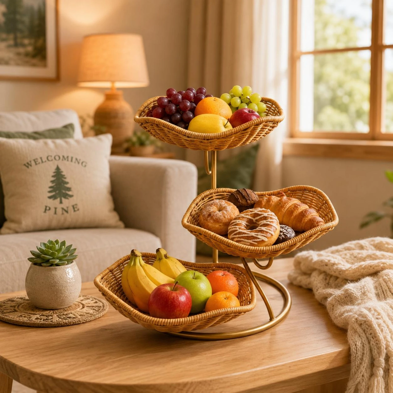 

3 Tier Fruit Basket with Metal Stand Round Base Three-Tier Wicker Basket Stand Home Organizer Space Saving Tableware