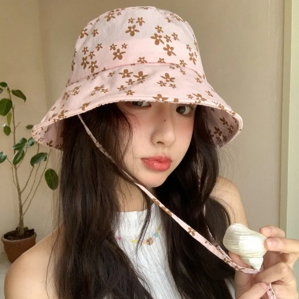 Sweet Polyester Floral Print Bucket Hat Wide Brim Double Sided Sun Hat Foldable Adjustable Basin Cap Spring