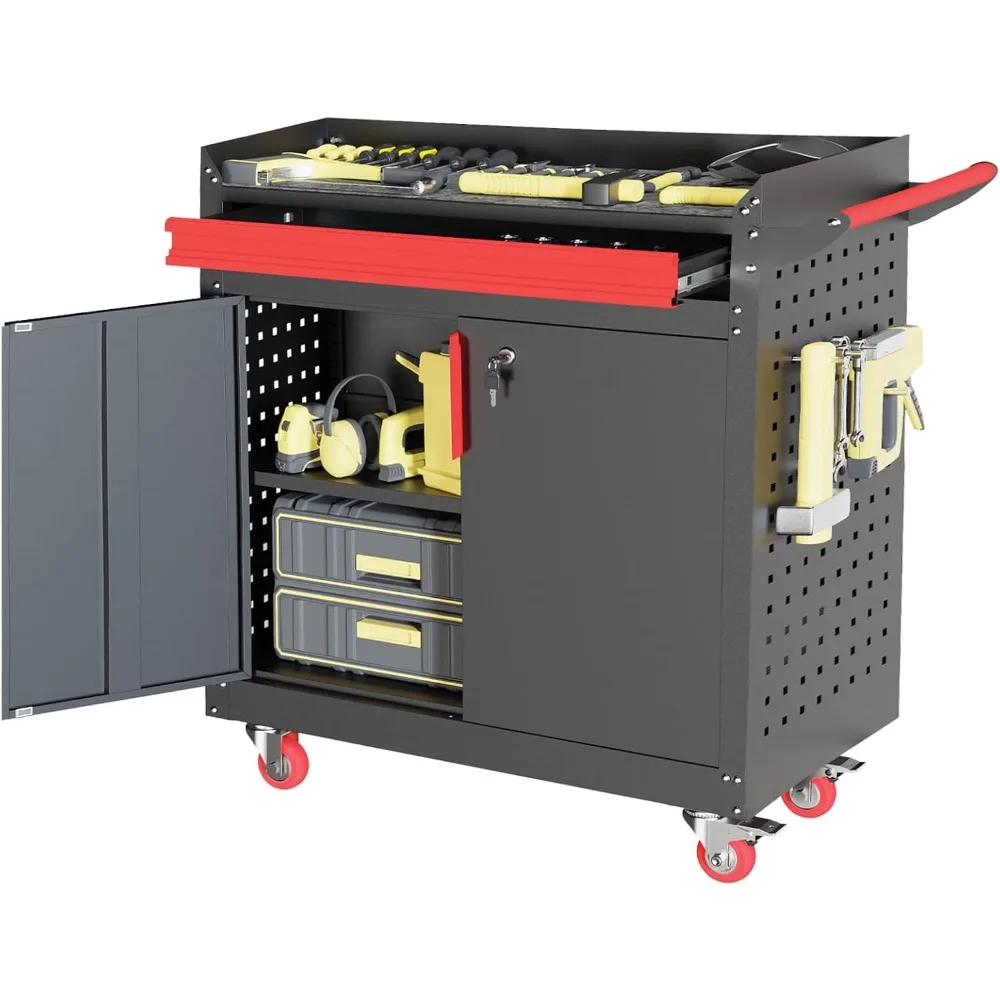 

Metal Garage Storage Cabinet with Wheels,Lockable Storage Cabinets with Adjustable Shelf,Steel Tool Locker with Pegboard and Han