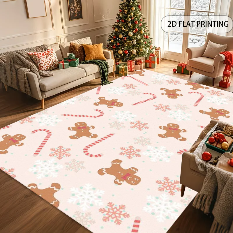 1pc 2D Flat Christmas Gingerbread Man Candy Cane Snowflake Printed Floor Mat, Decorative Rug for Living Room, Bedroom