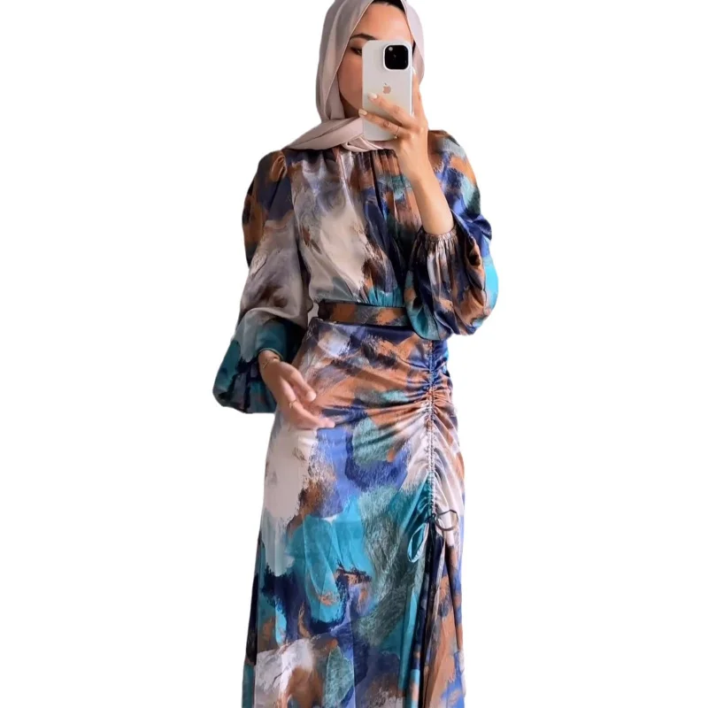 Fashion Modest Elegant Tie Dye Print Pleated Dress Half High Collar Long Lantern 2024 Spring Autumn Women Femme Robe Clothing