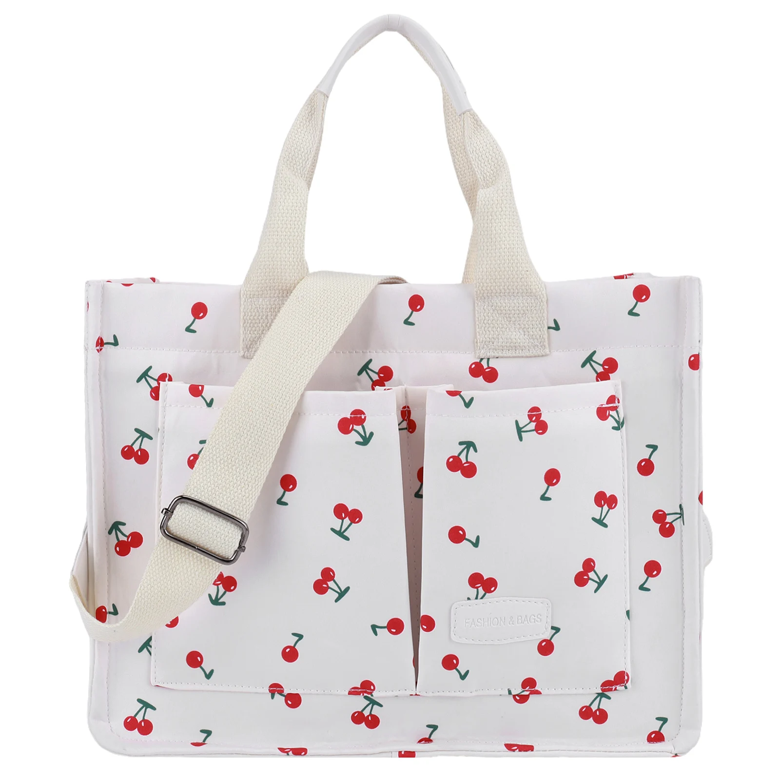 Women Cherry Pattern Tote Bag Multi-Pocket Simple Crossbody Bag Large Capacity Cherry Printed Tote Handbag Daily Bag for Female