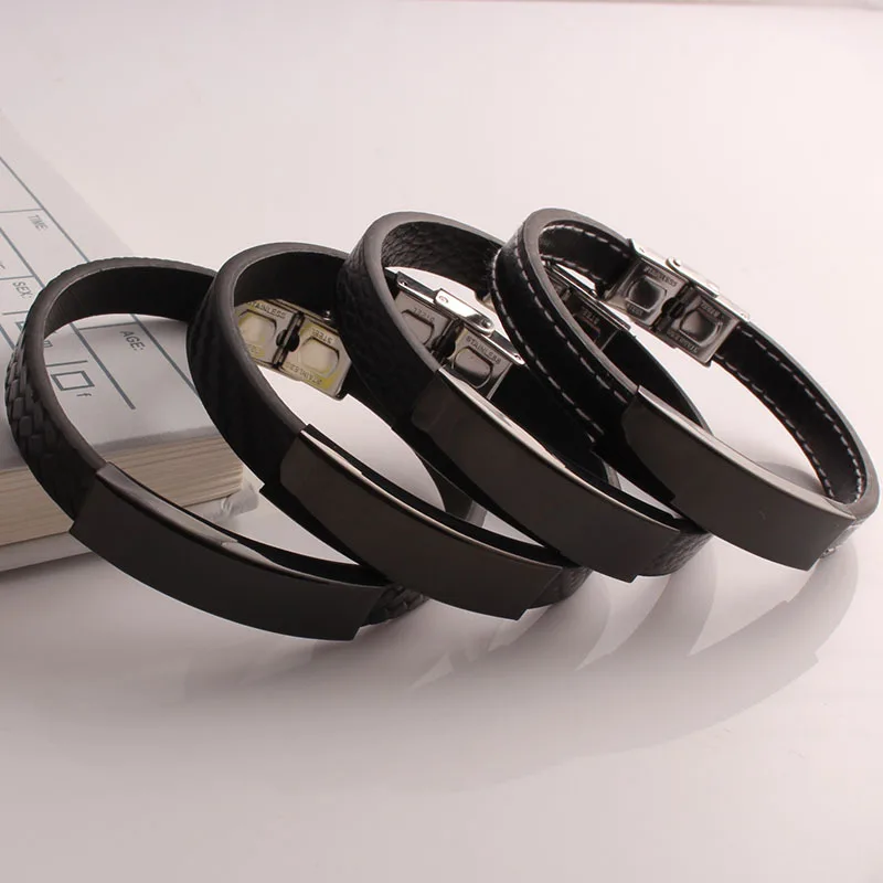 

Stainless Steel Leather Bangles Blank For Engrave Leather Bracelet For Men With Metal Plate Wholesale 10pcs