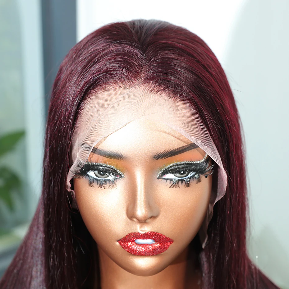 99J الفيتنامية 100% شعر الإنسان الدانتيل الجبهة الباروكات العظام مستقيم أحمر داكن 13x6 كبير الدانتيل الباروكة الأمامية الأصلي مزدوجة تعادل شعر مستعار 250% #5