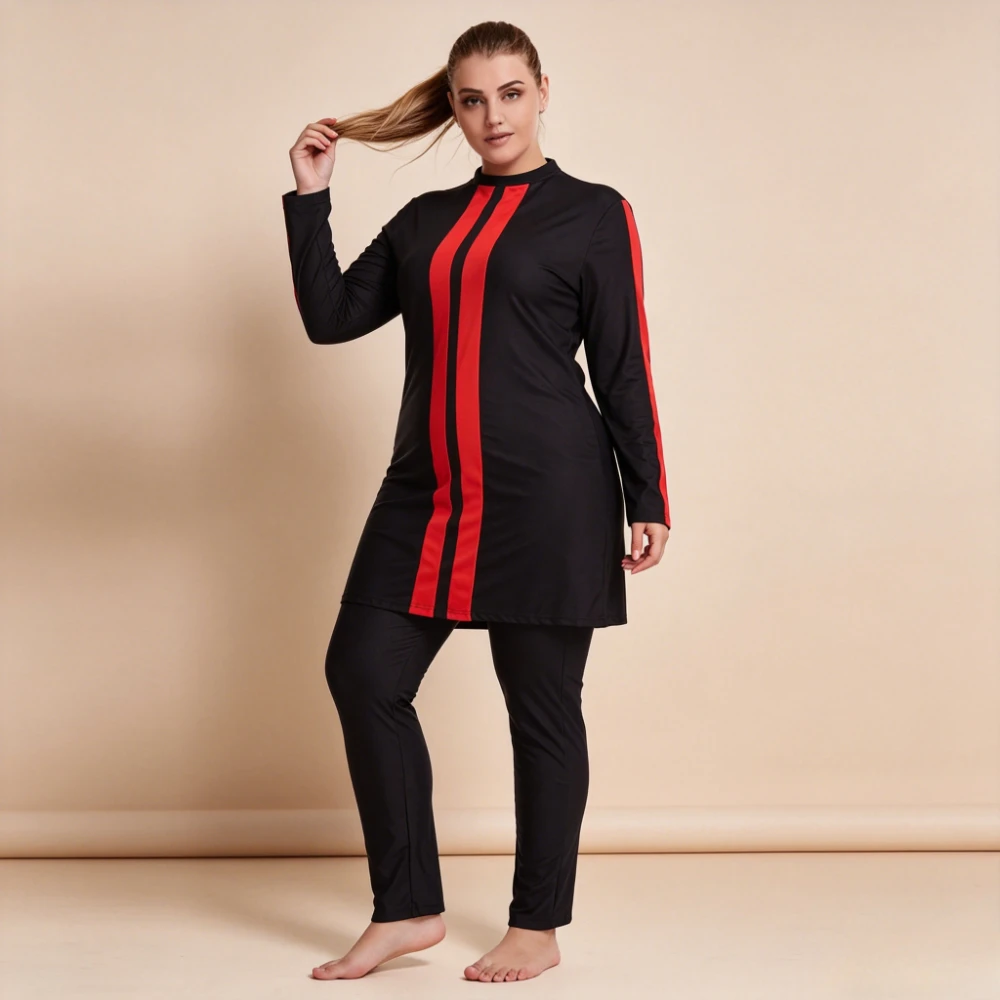 Plus Size 3PCS Color Block Burkini Swimwear Stand Collar Red Striped Long Sleeve Tunic Top Full Length Pants Muslim Bathing Suit