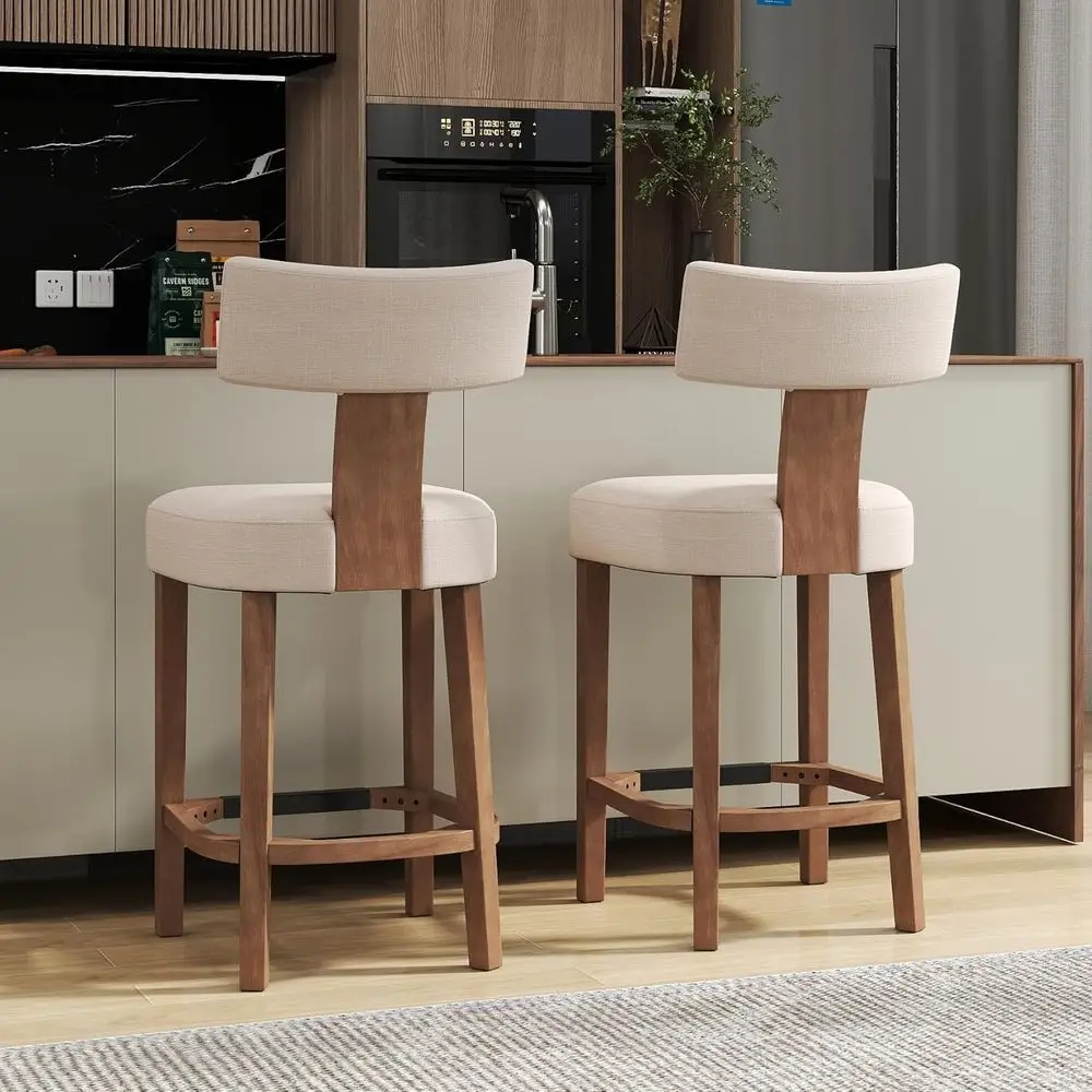 

Set of 2 Counter Height Bar Stools with Upholstered Linen Seat, Solid Wood Legs, Beige