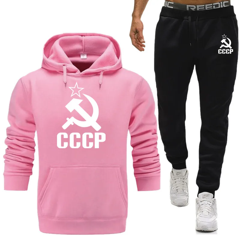 Hot Causal Mens Tracksuit Unique CCCP Russian USSR Soviet Union 2 piece Fleece Thick Set Long Sleeve Sportwear Suit Male Sets