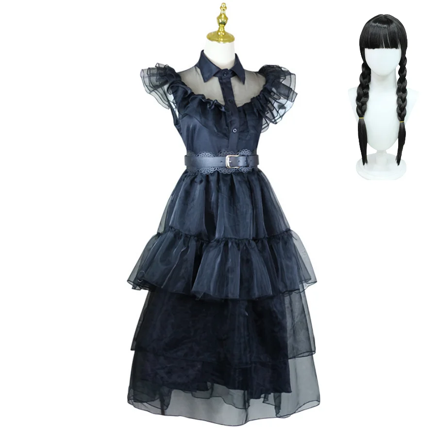 

Cosplay Wednesday Addams Dress Wig Wednesday Addam Cosplay Costume Adult Kid Black Long Skirt Gothic Prom Dress Party Costume