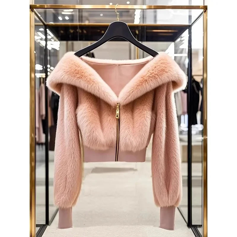 

Short Furry Coat Top for Women New 2025 Spring Autumn Winter Jacket Fashion Small Fragrant Style Pink Lamb Plush Woolen Jacket