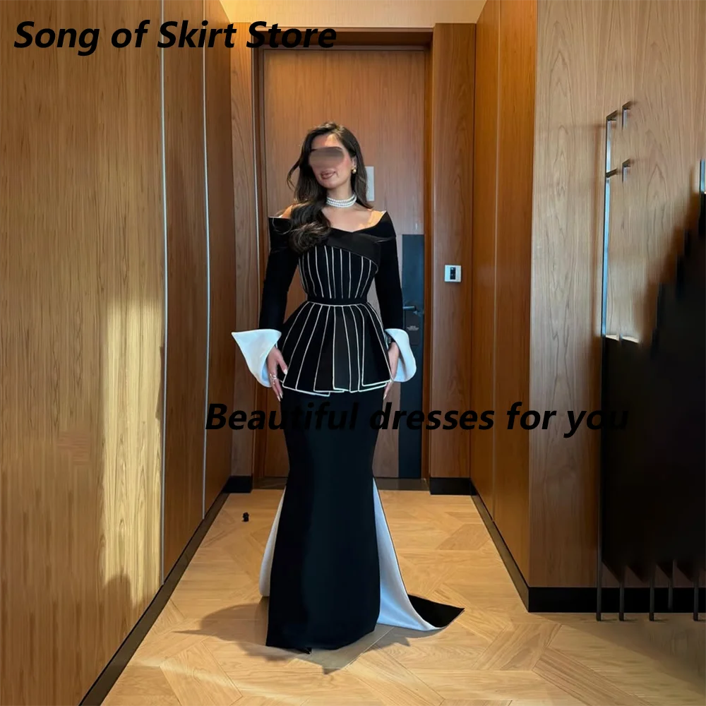 

Fashion Black Off The Shoulder Evening Dress Customized Mermaid Long Sleeves Pleat Jersey Formal Party Dresses Prom Gown