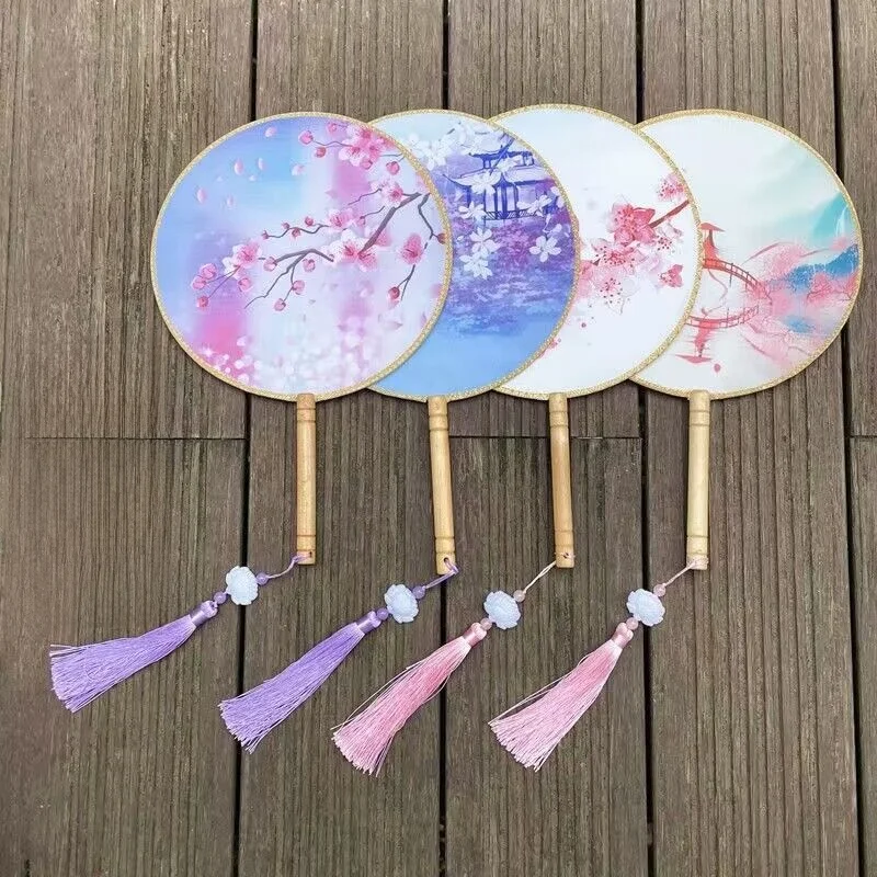Double-Sided Dance Fan Traditional Chinese Women's Classical Fan Wooden Handle round Fan for Performance Show Hanfu Costume