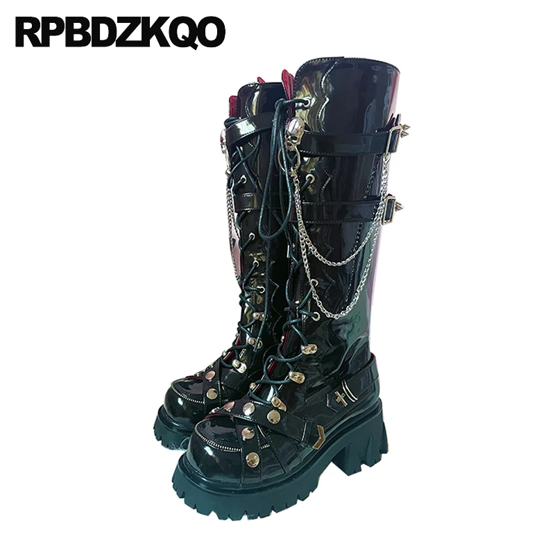 Rock Women Block Belts Knee High Boots Fur Platform Chain Zipper Metal Stud Shoes Skull Lace Up Motorcycle Spike Patent Leather