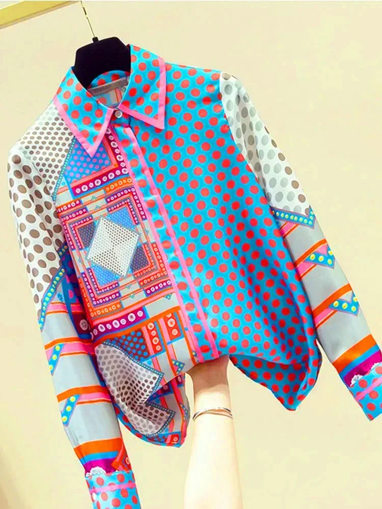 Spring Autumn New Blouse Patchwork Simulation Silk Women\'s Shirt Female Top Korean Niche Polka Dot Long-Sleeved Shirt GX1438
