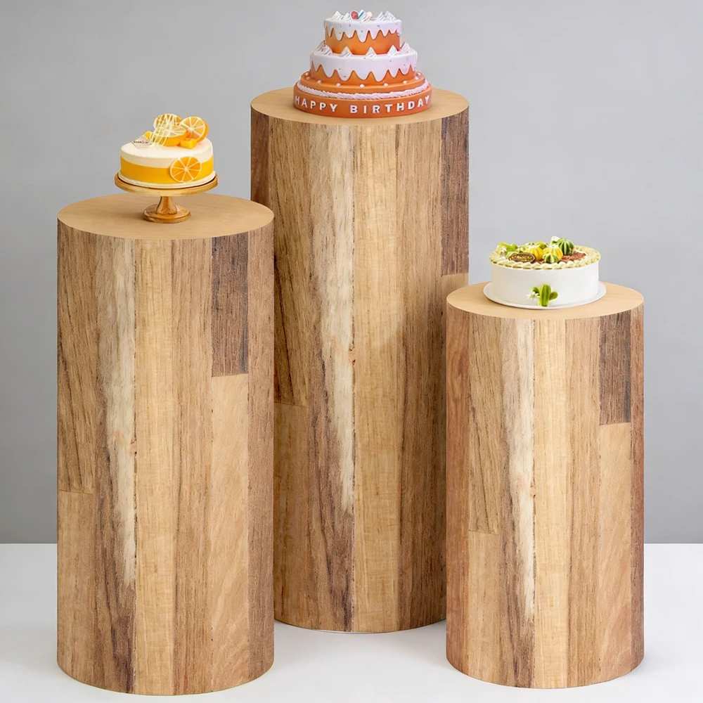 

Natural Wood Grain Cylinder Pedestal Cover Set of Rustic Forest Theme Baby Shower Birthday Party Wedding Dessert Table Decor