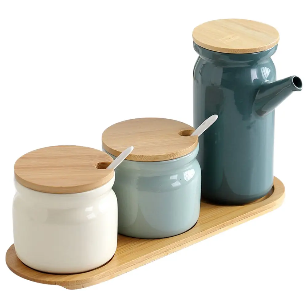 

1Set Ceramic Seasoning Storage Jars Spice Pepper Containers Oil Pot Kitchen Condiment Storage Sealed Jar Spoon Wooden Lid
