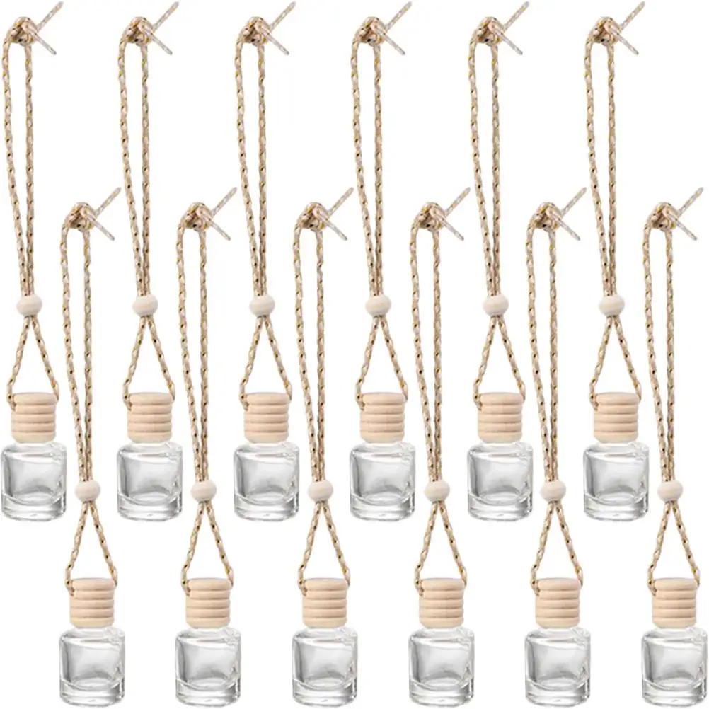 

12 Pcs Glass Perfume Bottle Mini Wood Cap Hanging Car Diffuser Transparent Aroma Essential Oil Travel Size Empty Dispenser