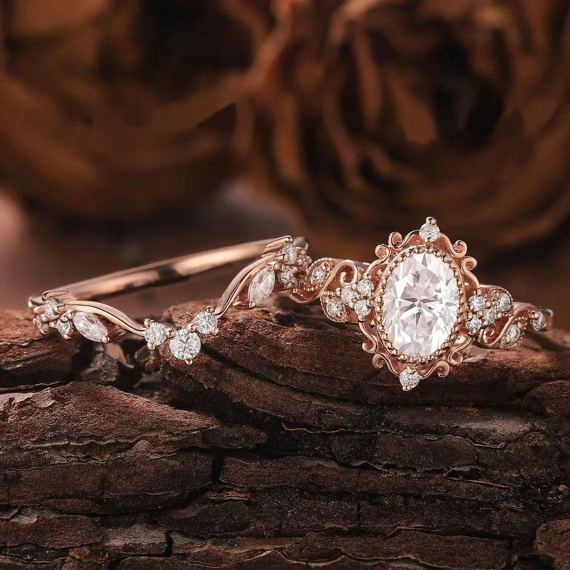 Retro Oval Moissanite Stackable Ring Set | Floral Vine Engagement Bride Ring Set in Rose Gold Color