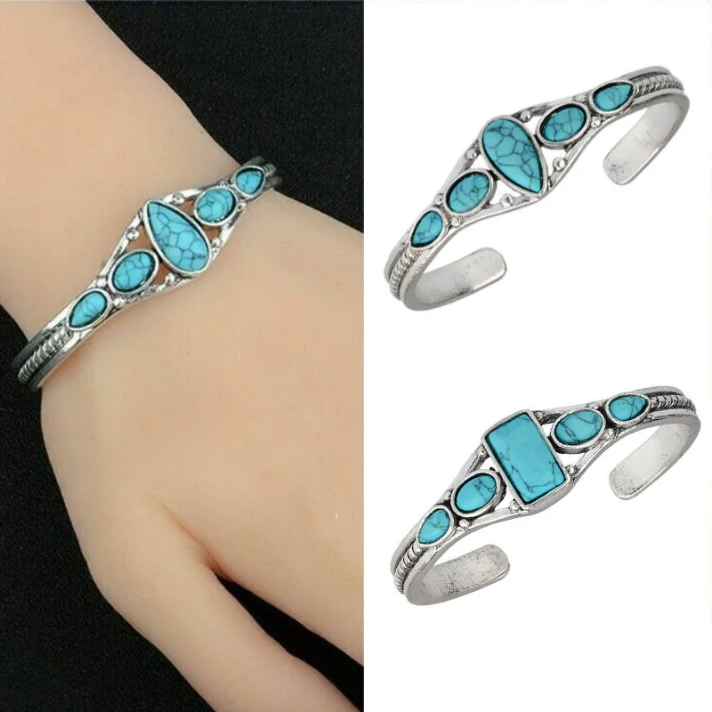 Wu\'s 2022 New European and American Bohemian Style Retro Turquoise Carved Hollow Geometric Bracelet Opening Adjustable Bracelet