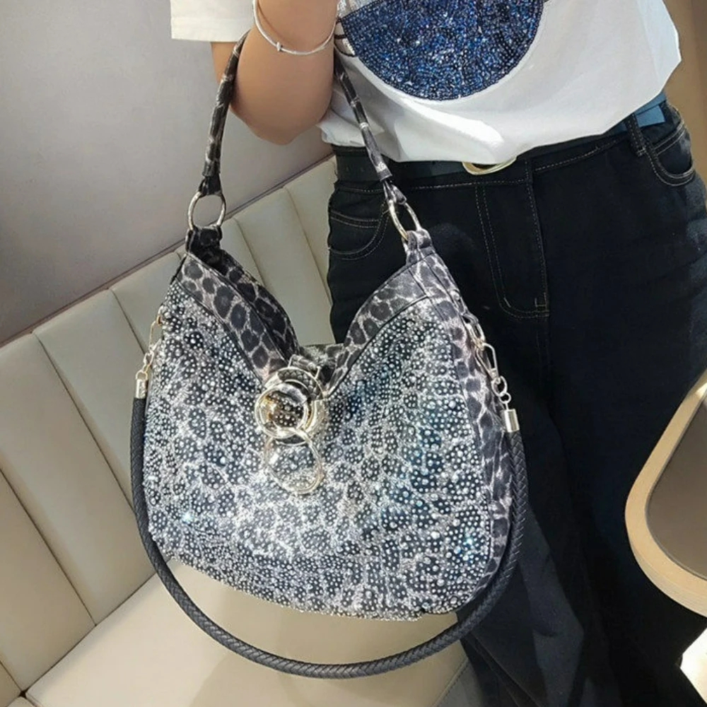Sparkly Sequin Hobo Shoulder Bag for Women, Metallic Underarm Purse with Rhinestone Ring, Luxury Evening Party Clutch Bag Y2K