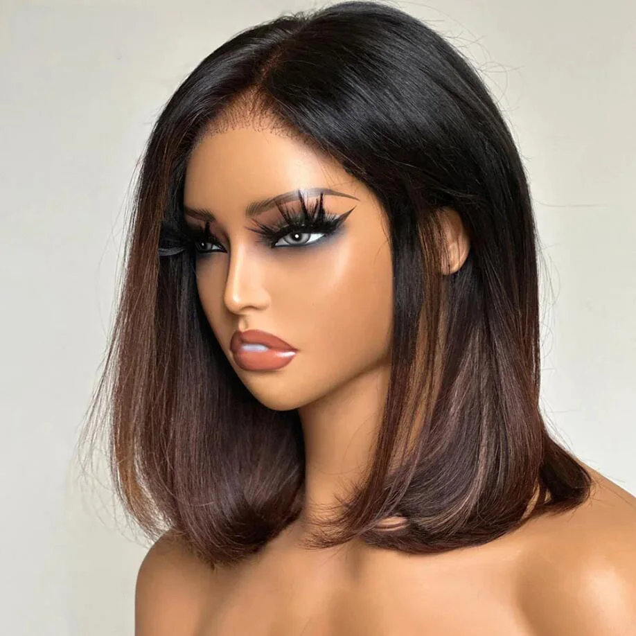 Soft Glueless Ombre Brown Straight Short Cut Bob Preplucked Baby Hair Lace Front Wig For Black Women 180Density Natural Hairline