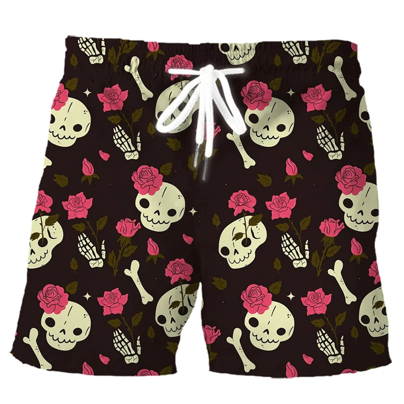 Shorts de plage gothiques 3D pour hommes, motif crâne et rose, shorts de bain décontractés, shorts de rue, vacances amusantes, shorts de surf, mode