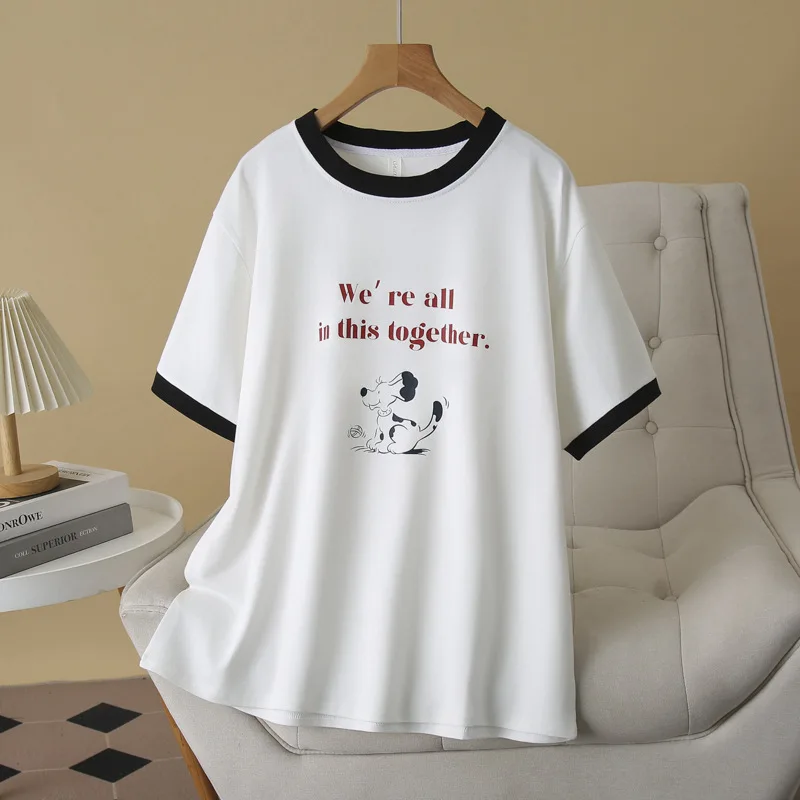 

100 кг, топы больших размеров, летняя повседневная женская футболка с короткими рукавами и цветным принтом щенка, 6238