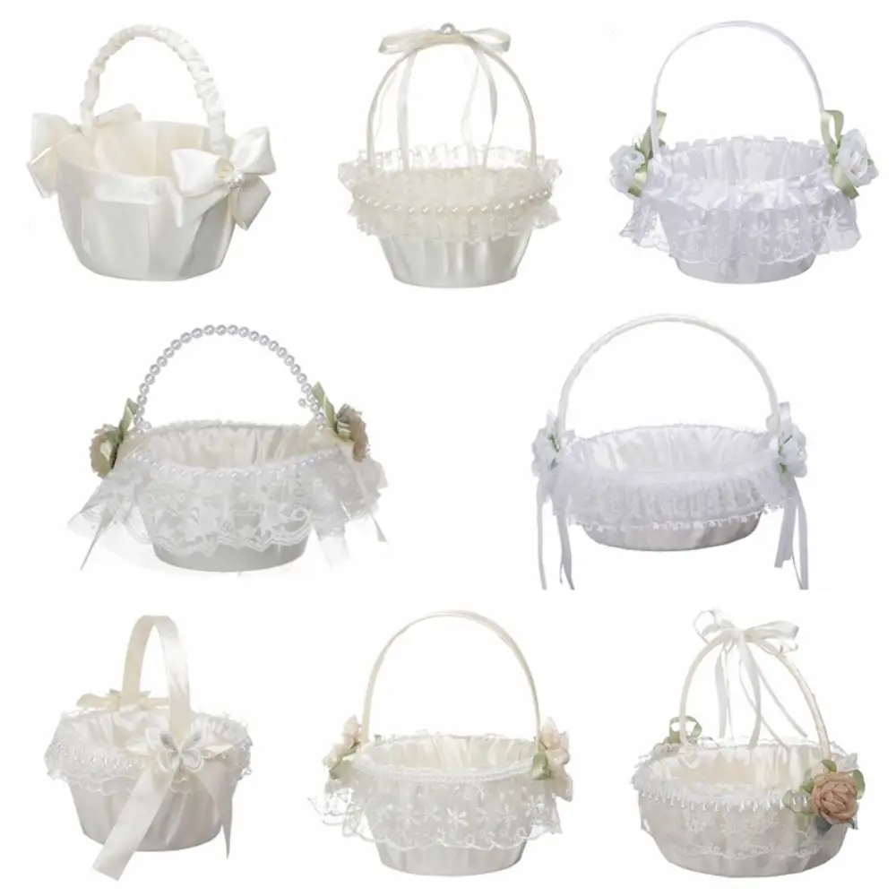 

Lace Wedding Flower Basket Ribbon Bow Rose Flower Satin Bow Hanbag White Color Large Capacity Wedding Party Decorations Party