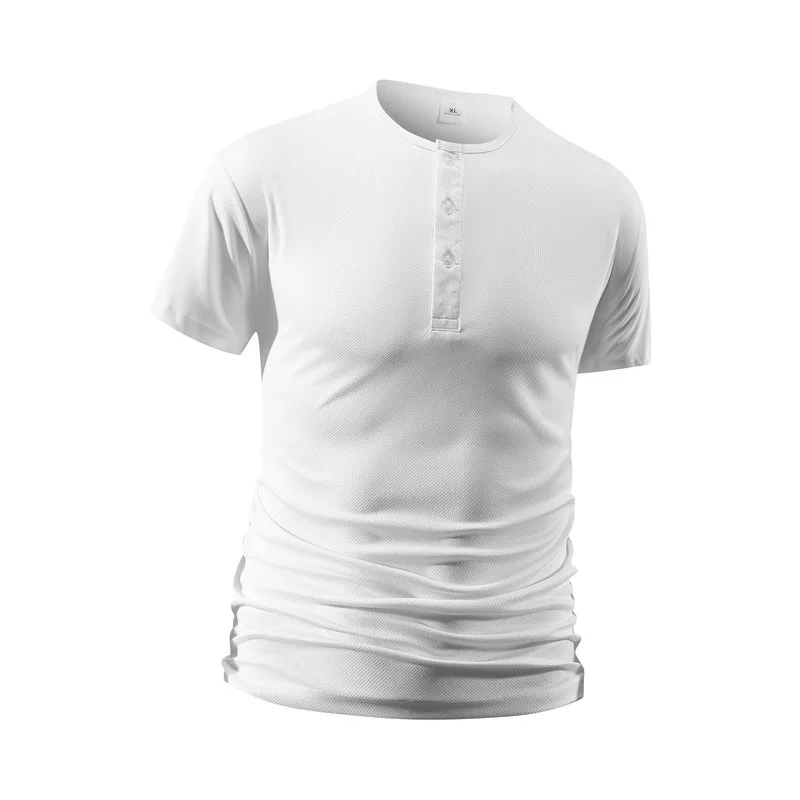 Summer Men's Solid Color Fitness Casual Mesh Henley Neck Shirts Short-Sleeved Men Slim Fit Quick Dry Training Running T-Shirts view 6