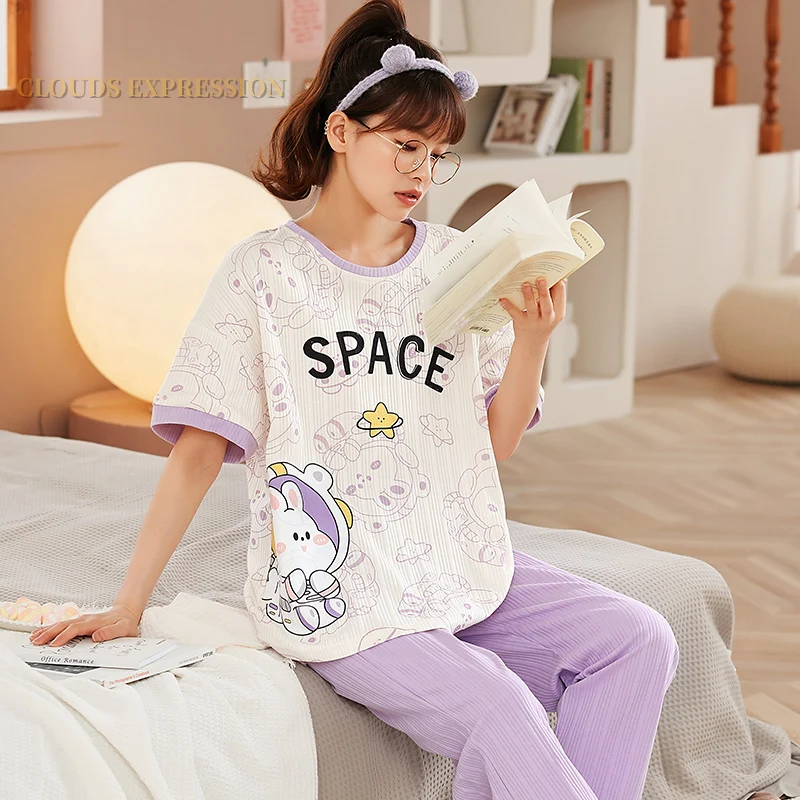 Spring Summer Nightwear Girsl PJ Elegant Women Pajama Sets Pyjamas Femme Plaid Sleepwear Purple Loungewear Pijama Mujer Homewear