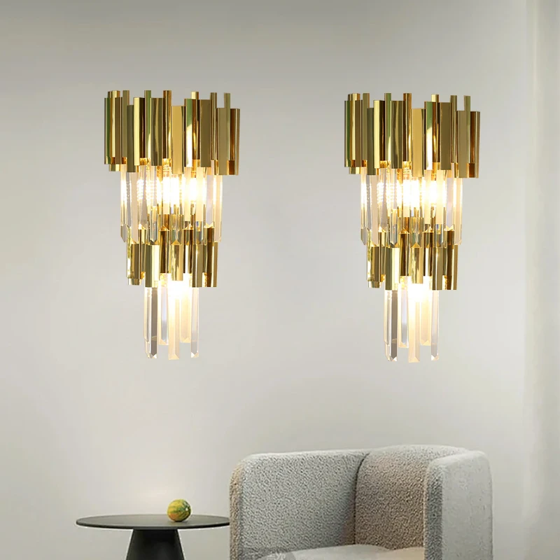 Postmodern Luxury Crystal Wall Sconce Lamp Background Lights Led Home-appliance Aisle Hotel Project Wall Light Gold