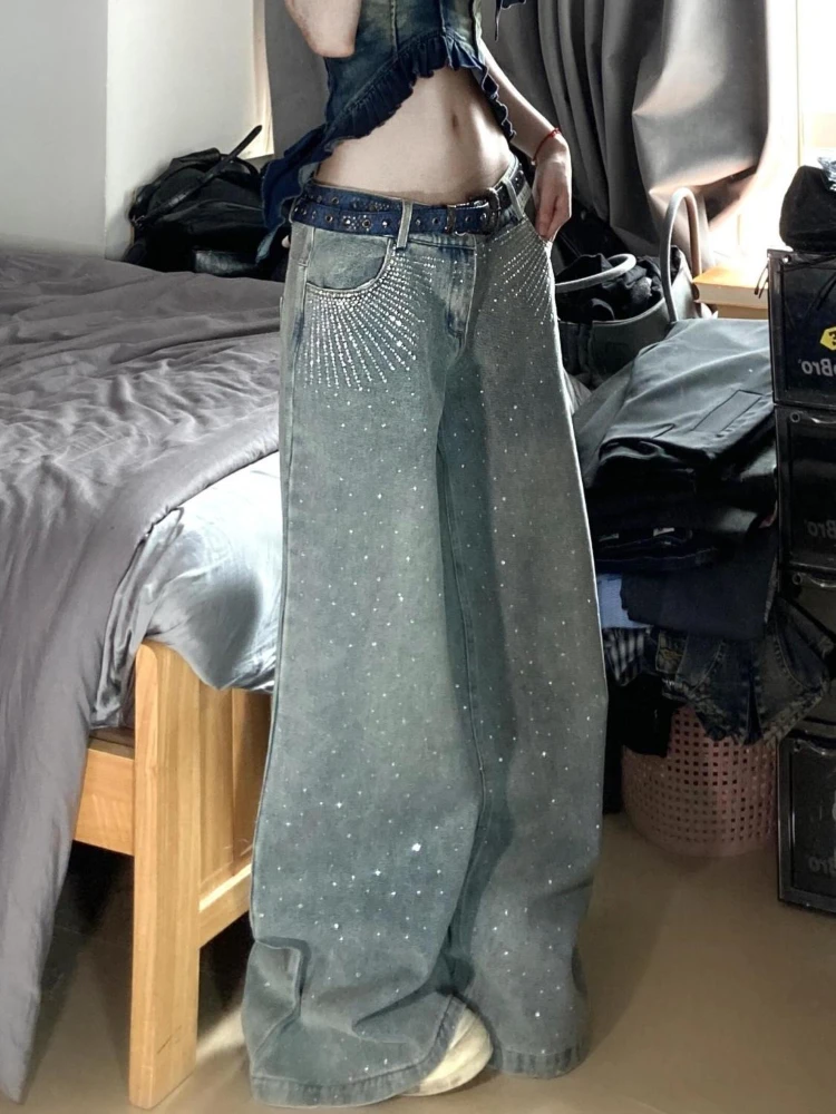 HOUZHOU Vintage Rhinestone Jeans Women Y2k Baggy Kpop Gyaru Blue Denim Pants Korean Fashion High Waist Streetwear Wide Leg Jeans