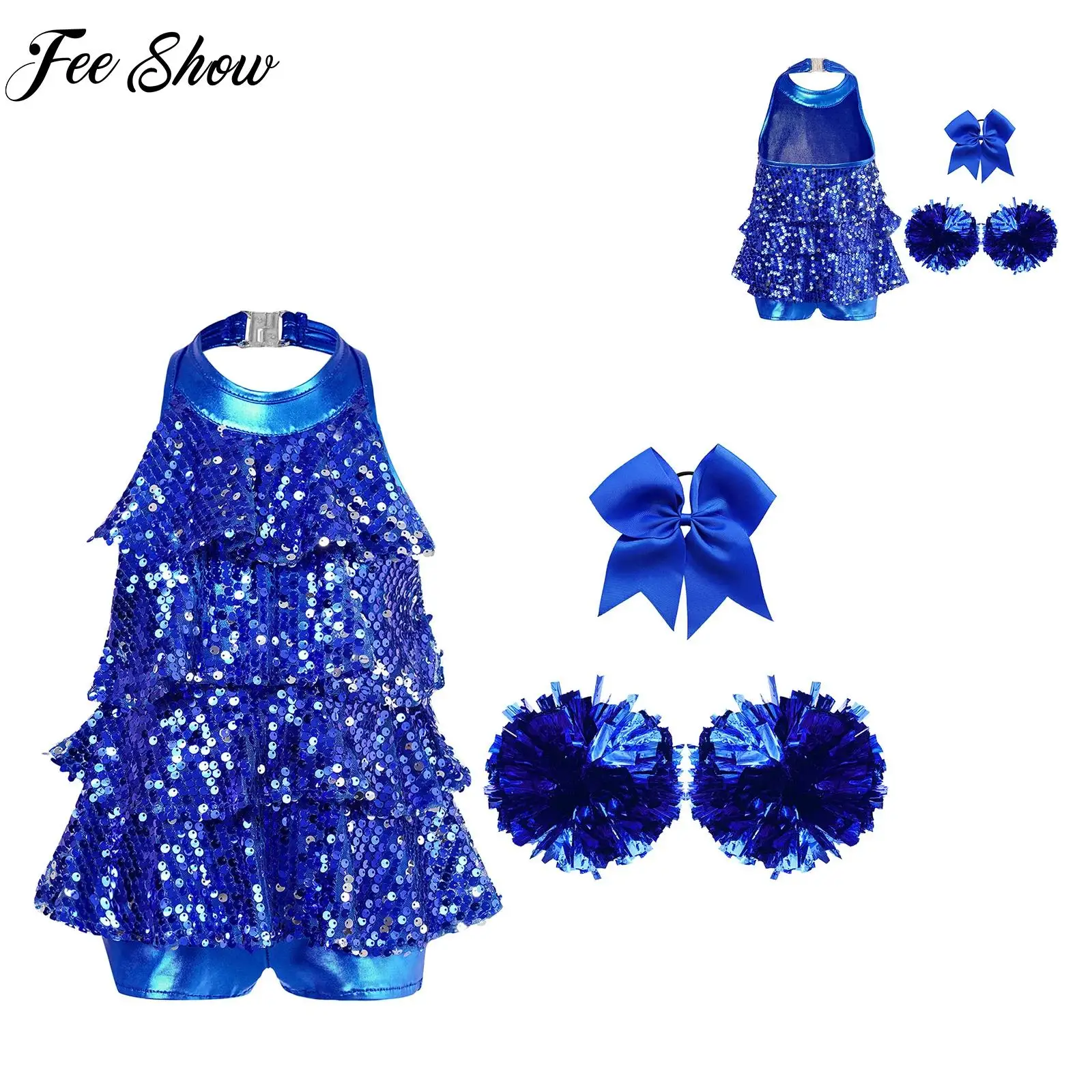 

Kids Girl Sequins Cheerleading Dance Jazz Latin Ballet Dance Performance Outfit Halter Unitard Dress Samba Tango Salsa Dancewear