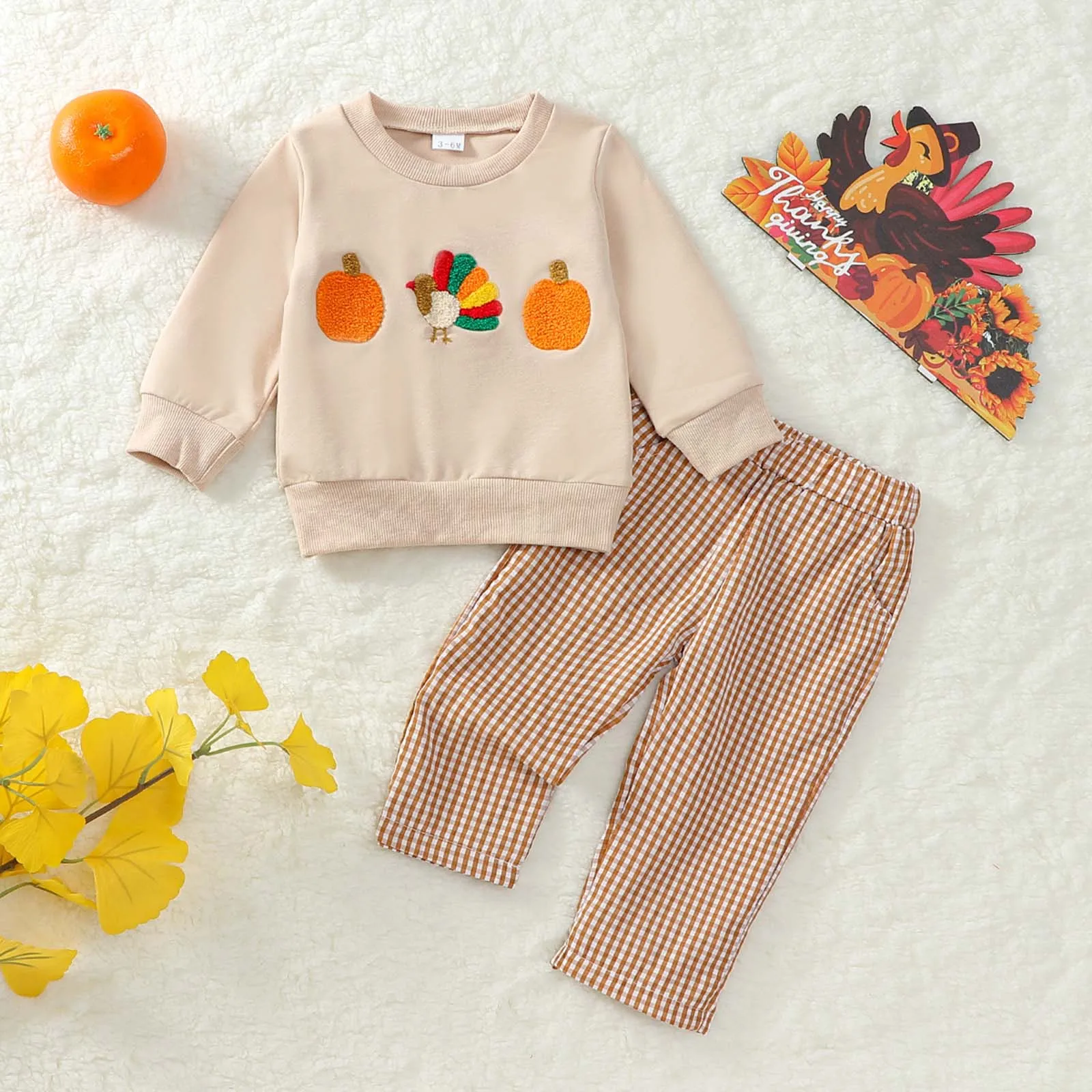 

Boy Outfits 5t Baby Boys Thanksgiving Long Sleeved Turkey Embroidered Top Checkered Pants Casual Two Baby Boy Knitted Clothe